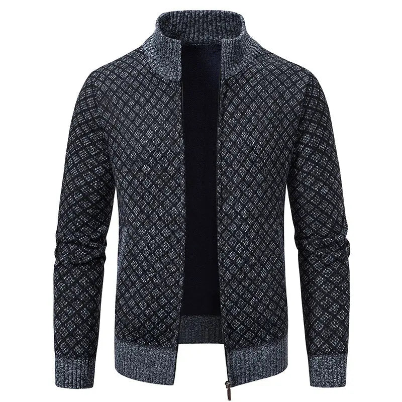 Thickened Plaid Print Jacket Cardigan Fashion Slim Fit Zipper Stand Collar Sweater Winter Men's Casual Long Sleeve Knitted Top Clothing