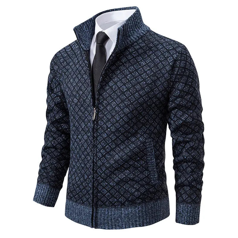 Thickened Plaid Print Jacket Cardigan Fashion Slim Fit Zipper Stand Collar Sweater Winter Men's Casual Long Sleeve Knitted Top Clothing