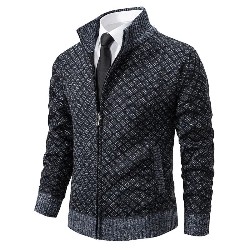 Thickened Plaid Print Jacket Cardigan Fashion Slim Fit Zipper Stand Collar Sweater Winter Men's Casual Long Sleeve Knitted Top Clothing