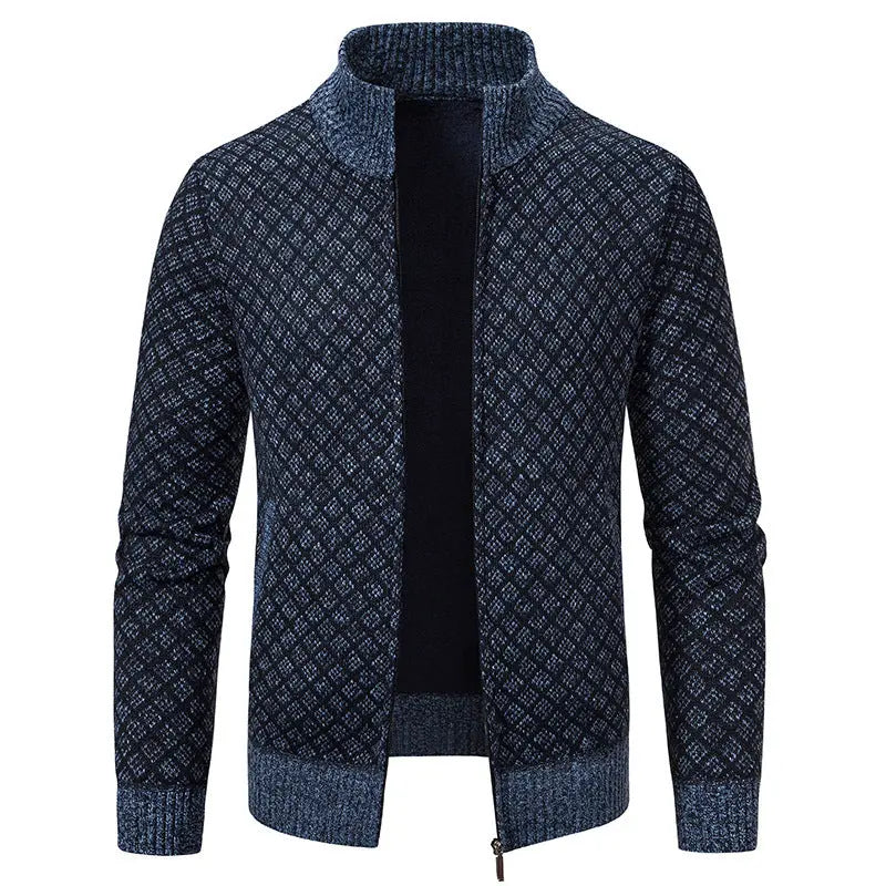Thickened Plaid Print Jacket Cardigan Fashion Slim Fit Zipper Stand Collar Sweater Winter Men's Casual Long Sleeve Knitted Top Clothing