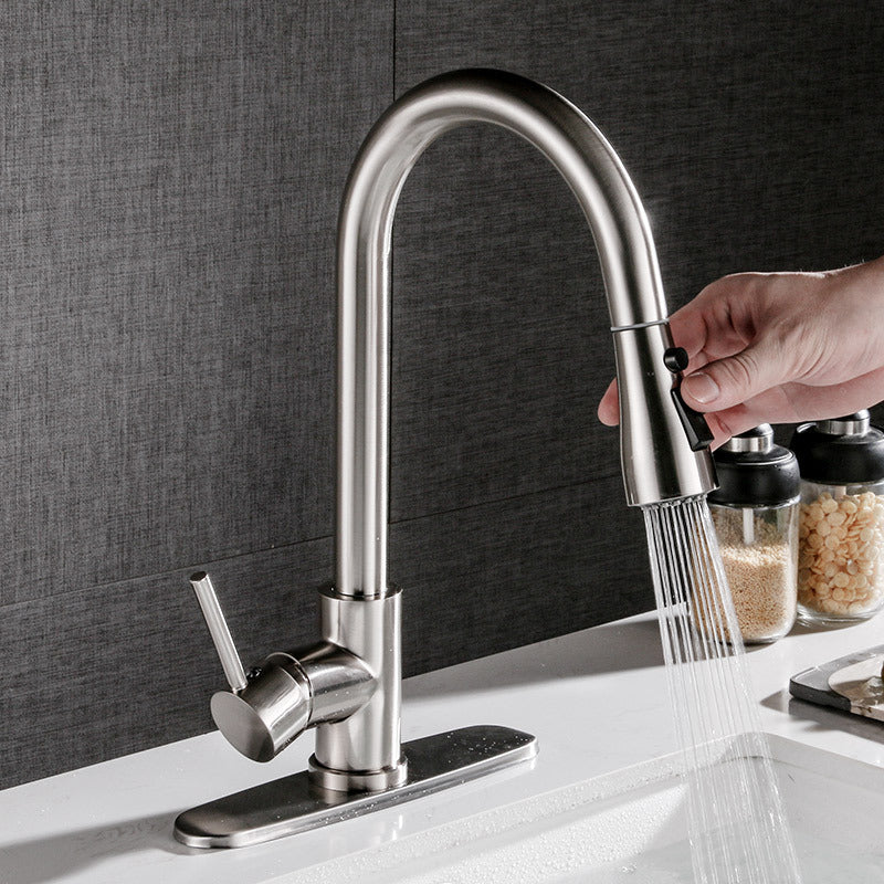 Stainless steel kitchen faucet with hand holding a spray head over a sink.Elegant, Functional, and Built for Modern Kitchens
Upgrade your kitchen with this Brushed Copper Pull-Out Faucet, combining timeless style with powerful function. Featuring dual hot and cold control, a 360° swivel, and a pull-out spray head, this faucet makes dishwashing and cleaning easier, faster, and more convenient.

The brushed copper finish adds a sleek, high-end look, while the solid construction ensures long-lasting durability