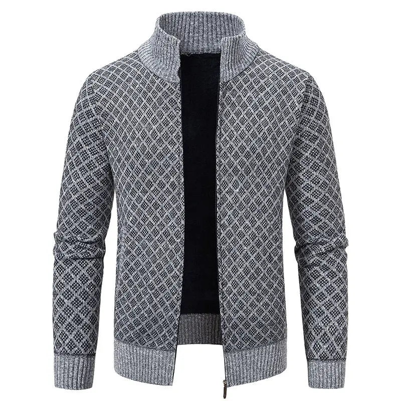 Thickened Plaid Print Jacket Cardigan Fashion Slim Fit Zipper Stand Collar Sweater Winter Men's Casual Long Sleeve Knitted Top Clothing