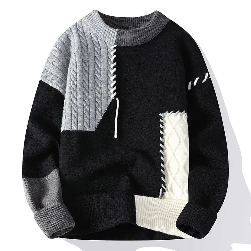 Ins Colorblock Pullover Sweater Winter Fashion Long Sleeve Knitted Top Men's Clothing