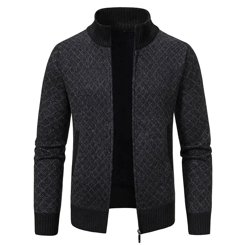 Thickened Plaid Print Jacket Cardigan Fashion Slim Fit Zipper Stand Collar Sweater Winter Men's Casual Long Sleeve Knitted Top Clothing